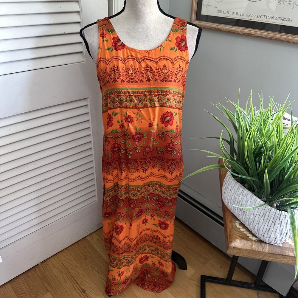 Vintage Basic Editions Dress 8 Orange Midi Shift Retro 90s Artsy Boho Chic
